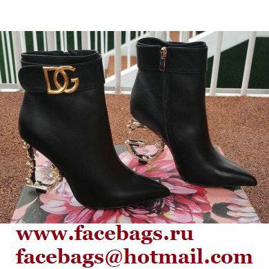 Dolce & Gabbana Heel 10.5cm Leather Ankle Boots Black with Baroque DG Heel and Strap 2021